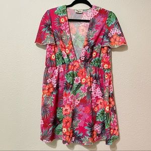 Show Me Your Mumu Pink Floral Deep V Neck Mini Dress M